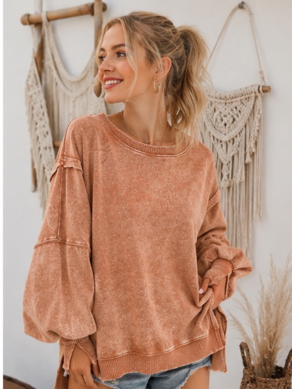 Washed Rust Cozy Pullover Sweatshirt - Women's Oversized Hoodie